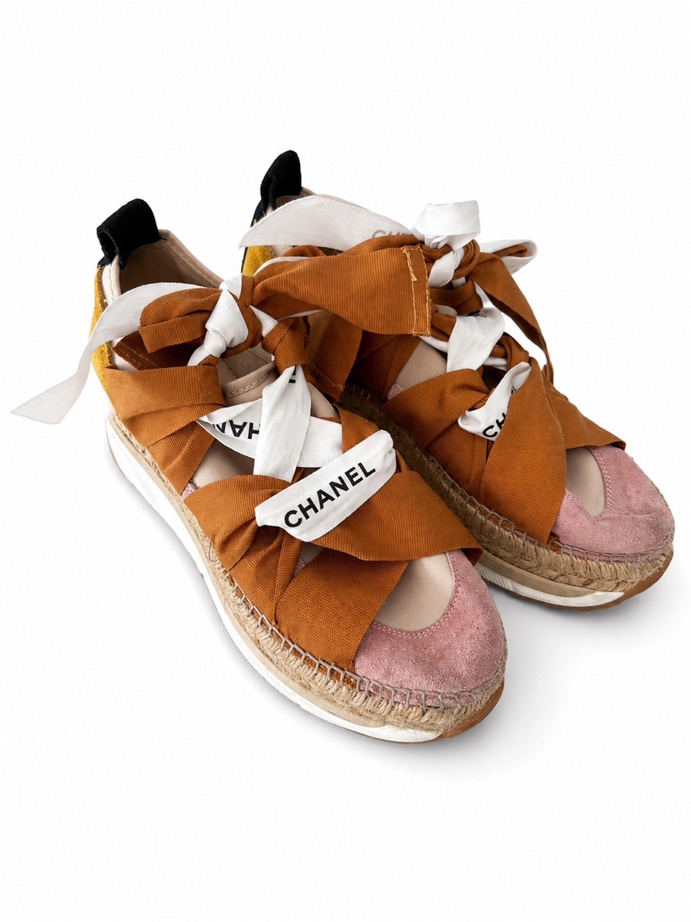 CHANEL Laced Free Tan & Pink Canvas Espadrille Platform Sandals with Ribbon Ties
